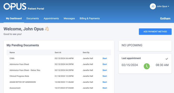 Patient portal picture. Currently on the dashboard tab with greeting. The dashboard also shows the pending documents available for completion for the patient