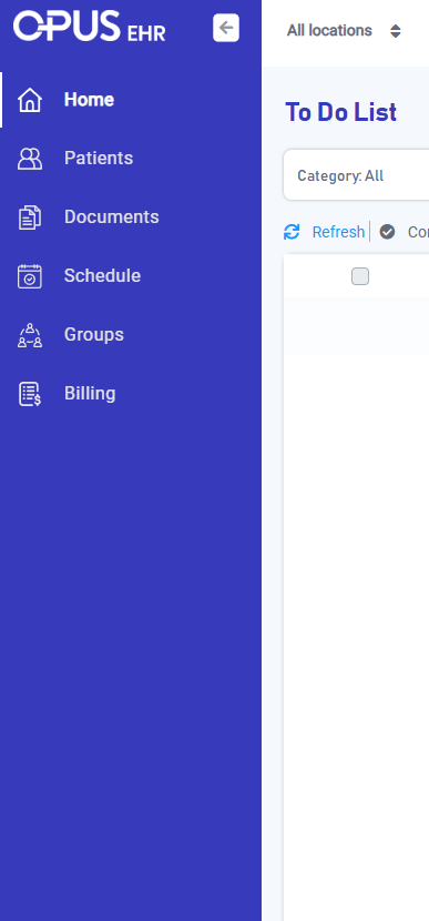 Opus sidebar only showing home , patients , documents , schedule , groups and billing toggled on All locations