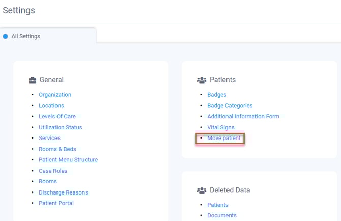 image of All Settings Menu with a red box on "Move Patient"