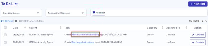 to do list create task with red box on the hyperlink "Patient Communication Log"