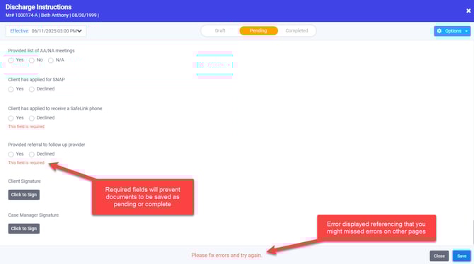 screenshot of document saved as pending. it is unable to be saved due to remaining required fields.
