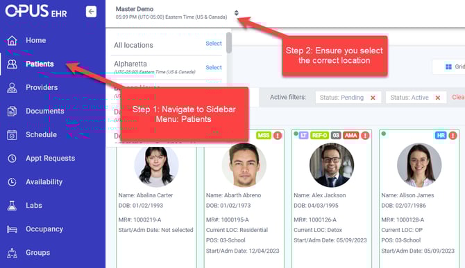 patients menu selecting the correct location