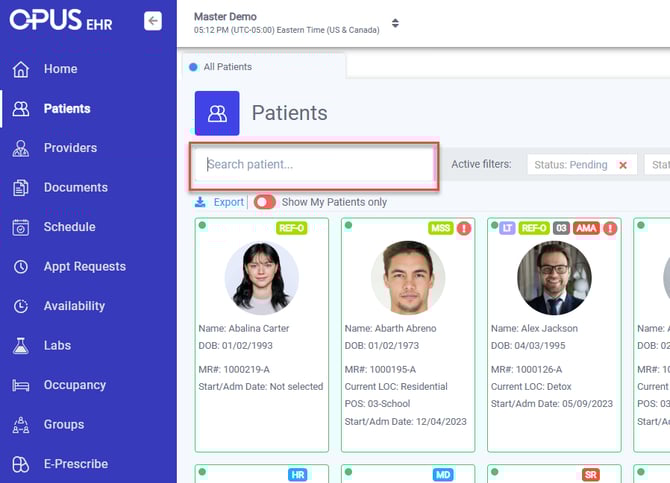 picture of the patients search bar on patients menu