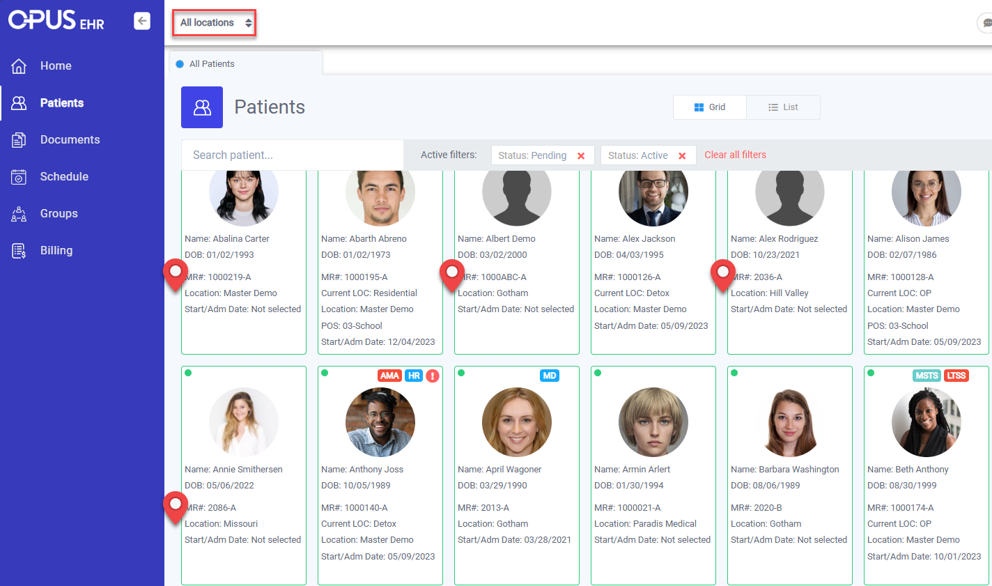 patient menu on all locations with patients displayed across different locations