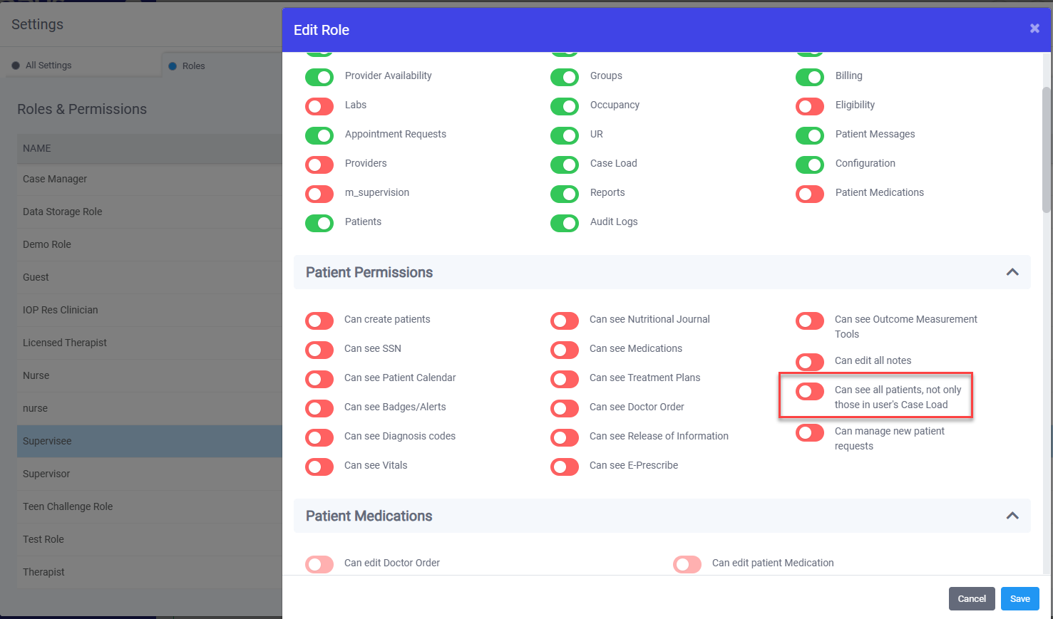 Settings > Roles & Permissions > Your designated role > Patient Permissions > Can see all patients, not only those in user's Case Load